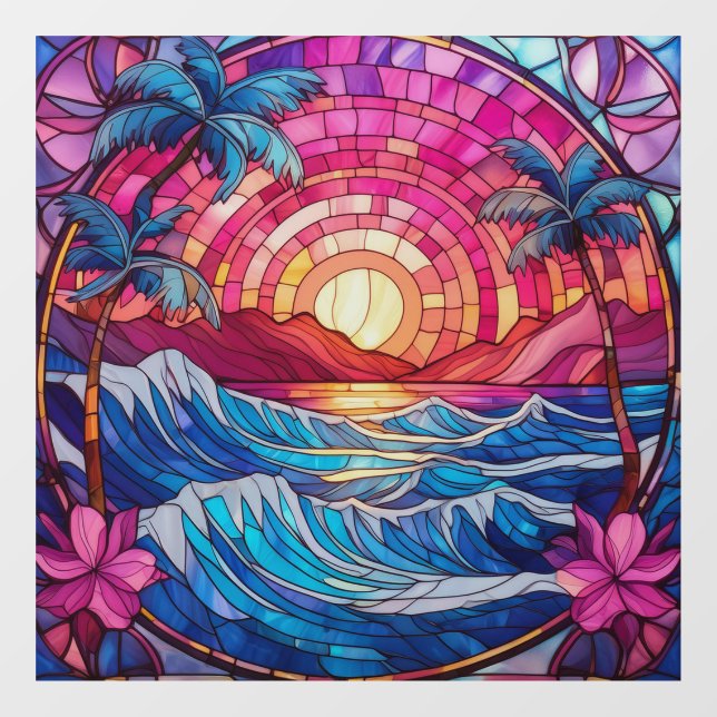 Tropical island pink sunset Stained glass art (Sheet)