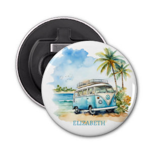 Tropical Island Retro Blue Bus  Bottle Opener