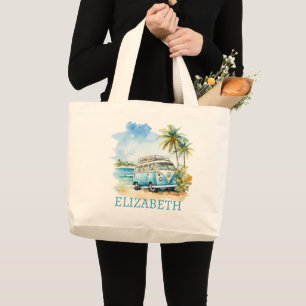 Tropical Island Retro Blue Bus Large Tote Bag