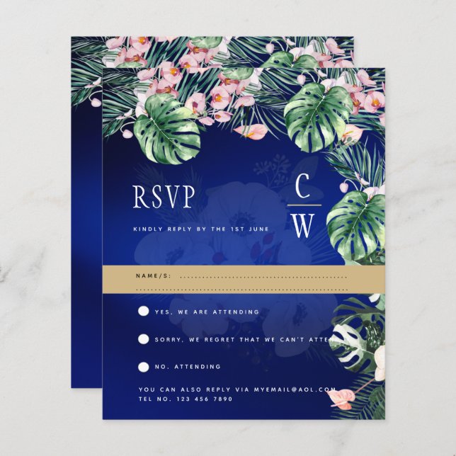 Tropical Island Royal Blue Flowers Leaves Wedding (Front/Back)