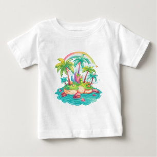 Tropical Island Scene – Palm Trees with Rainbow Baby T-Shirt