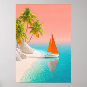 tropical island scene with palm trees, sailboat poster