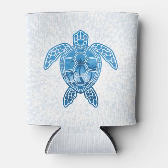 Tropical Island Sea Turtle Design in Blue Can Cooler (Front)