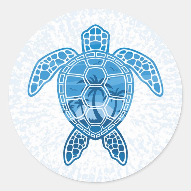 Tropical Island Sea Turtle Design in Blue Classic Round Sticker (Front)