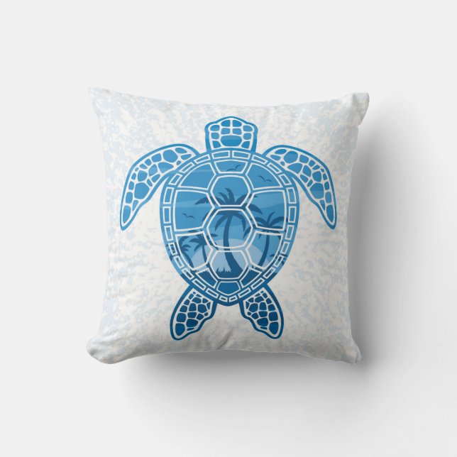 Tropical Island Sea Turtle Design in Blue Cushion (Front)