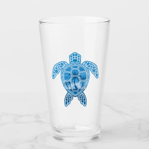 Tropical Island Sea Turtle Design in Blue Glass