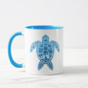 Tropical Island Sea Turtle Design in Blue Mug