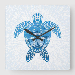 Tropical Island Sea Turtle Design in Blue Square Wall Clock