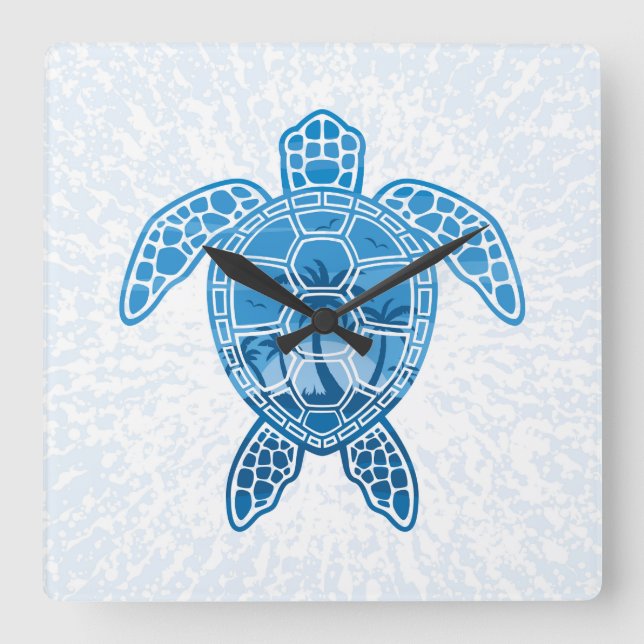 Tropical Island Sea Turtle Design in Blue Square Wall Clock (Front)