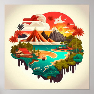 Tropical island sea with volcanoes poster