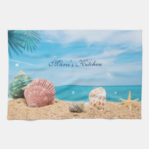 Tropical Island Seashells Turquoise Water  Beach T Tea Towel