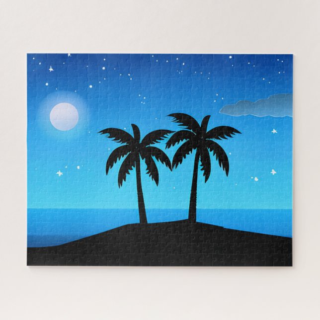 Tropical Island Silhouette with Moon and Stars Jigsaw Puzzle (Horizontal)