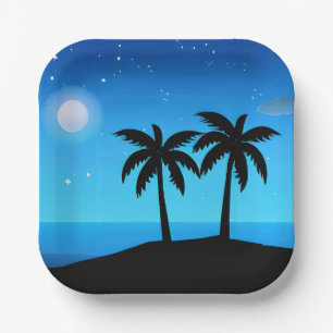 Tropical Island Silhouette with Moon and Stars Paper Plate