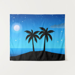 Tropical Island Silhouette with Moon and Stars  Tapestry