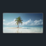Tropical Island Summer Beach Ocean Personalised Desk Mat<br><div class="desc">Tropical Island Summer Beach Ocean Personalised Name Desk Mat features a palm tree growing on a sandy beach island surrounded by clear blue water with white clouds against the blue sky on the horizon with your personalised name in a simple modern script typography. Perfect gift for family and friends for...</div>