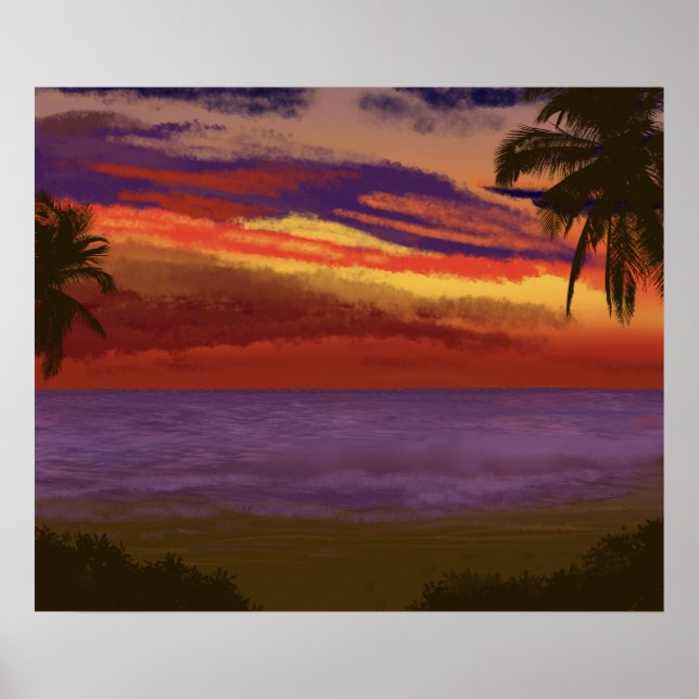 Tropical Island Sunset Digital Art Poster (Front)