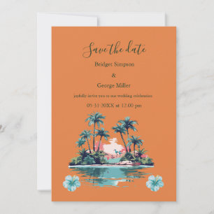 Tropical Island Sunset with Palms and Hibiscus  Invitation