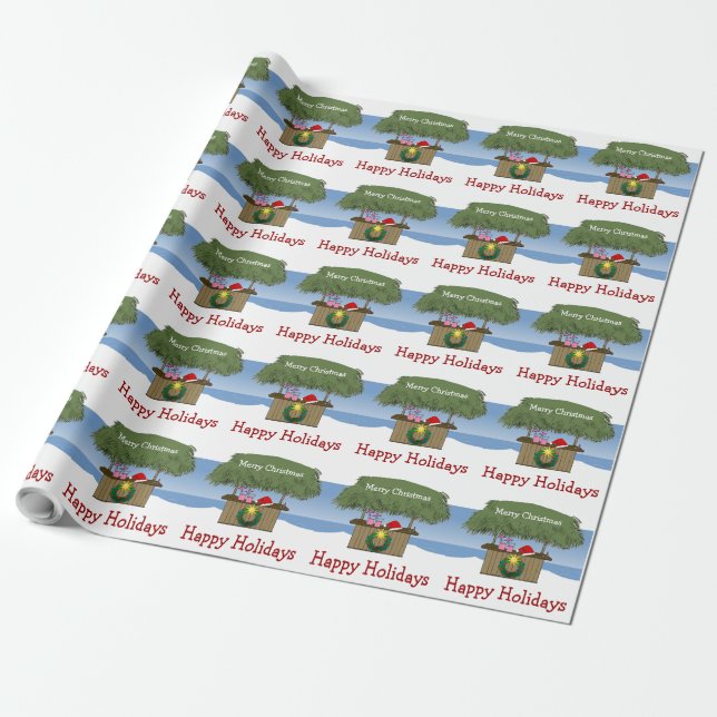 Tropical Island Tiki Hut Bar Beach Merry Christmas Wrapping Paper (Unrolled)