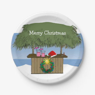 Tropical Island Tiki Hut Bar Merry Christmas Paper Plate