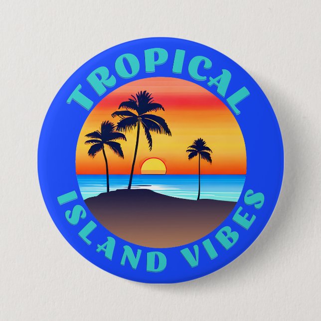 Tropical Island Vibes, Sunset with Palm Trees 7.5 Cm Round Badge (Front)
