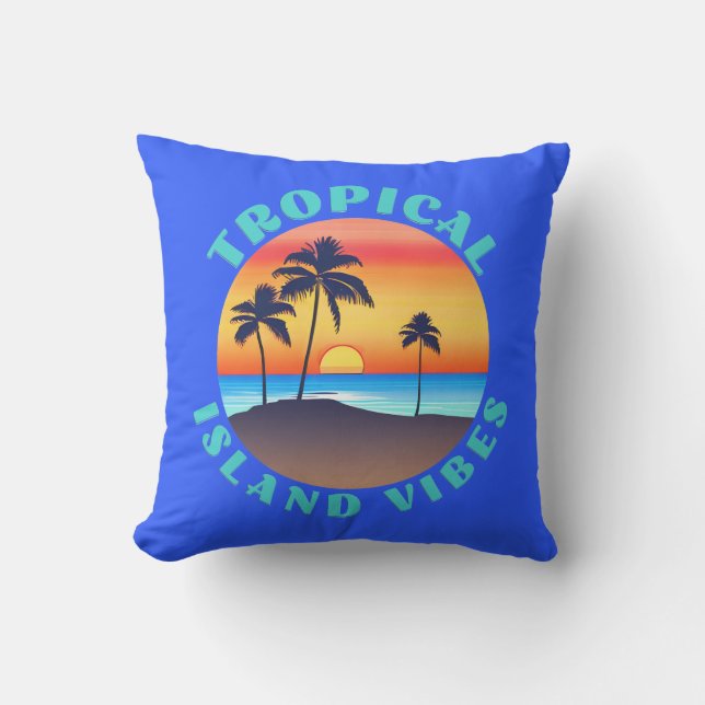 Tropical Island Vibes, Sunset with Palm Trees Cushion (Front)