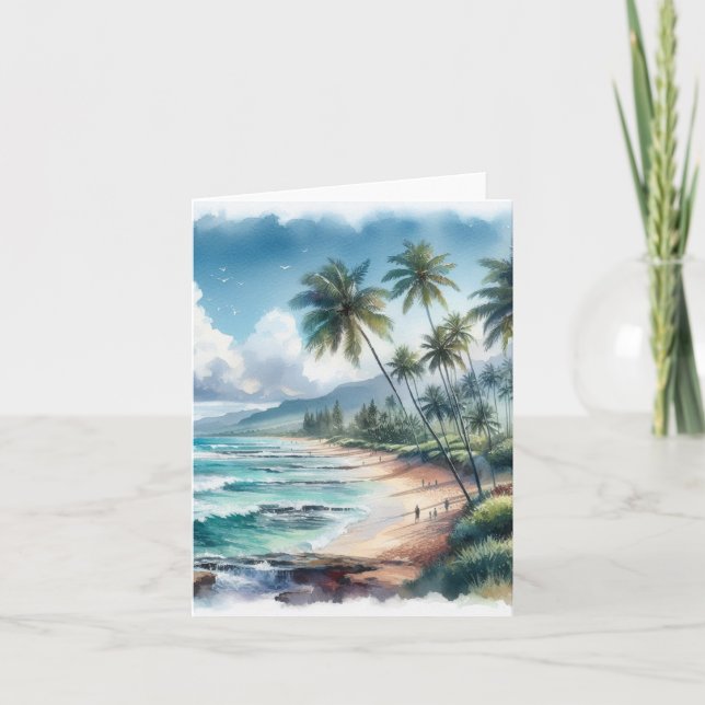 Tropical Island Watercolor Coastal Seascape Blank Note Card (Front)