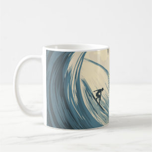 Tropical island wave and surfer at sunset coffee mug