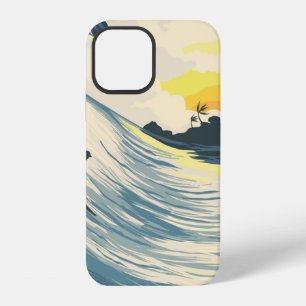Tropical island wave and surfer at sunset iPhone 12 case