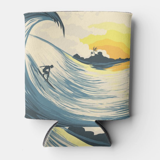 Tropical island, wave, surfer sunset. can cooler (Front)