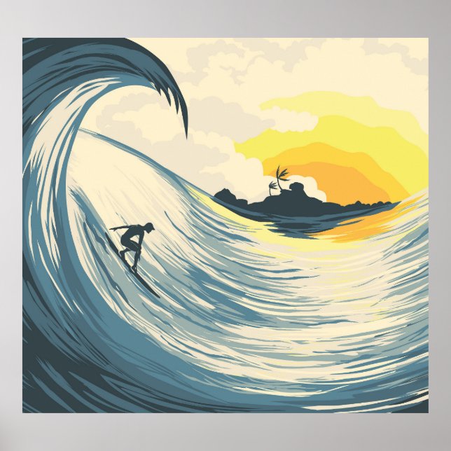Tropical island, wave, surfer sunset. poster (Front)