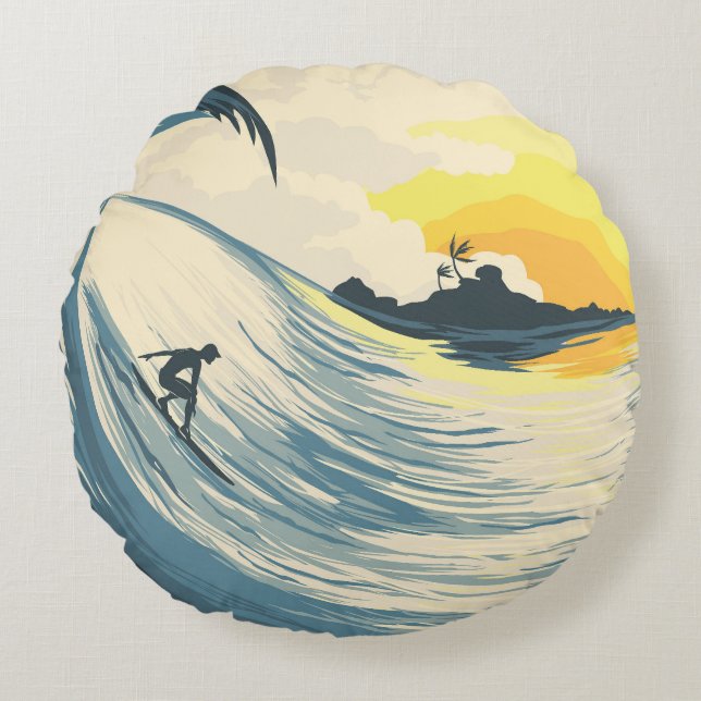 Tropical island, wave, surfer sunset. round cushion (Front)