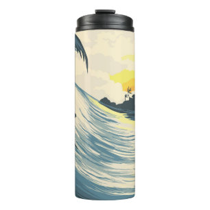 Tropical island, wave, surfer sunset. thermal tumbler