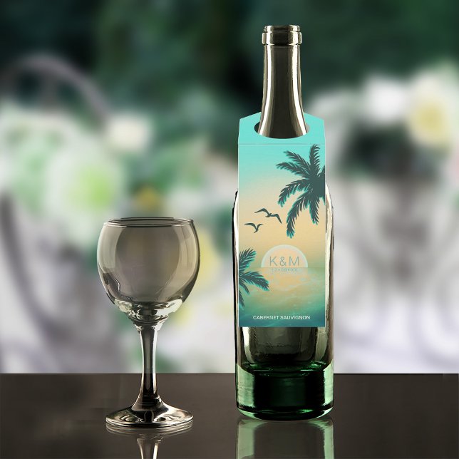 Tropical Isle Sunrise Wedding Teal ID581 Bottle Tag (Wine Bottle In Situ)