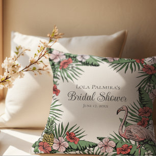 Tropical Ivory Floral Pink Flamingo Bridal Shower Cushion