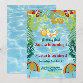 Tropical Joint Pool Party Birthday Bash for Kids  Invitation