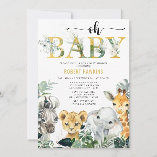 Tropical Jungle Animal Safari Baby Shower Invitati Invitation (Front)