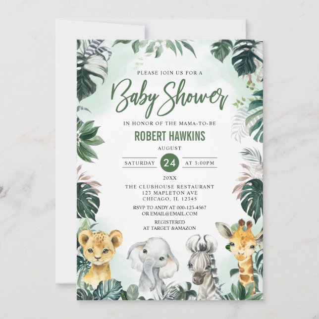 Tropical Jungle Animal Safari Boy Baby Shower Invitation (Front)