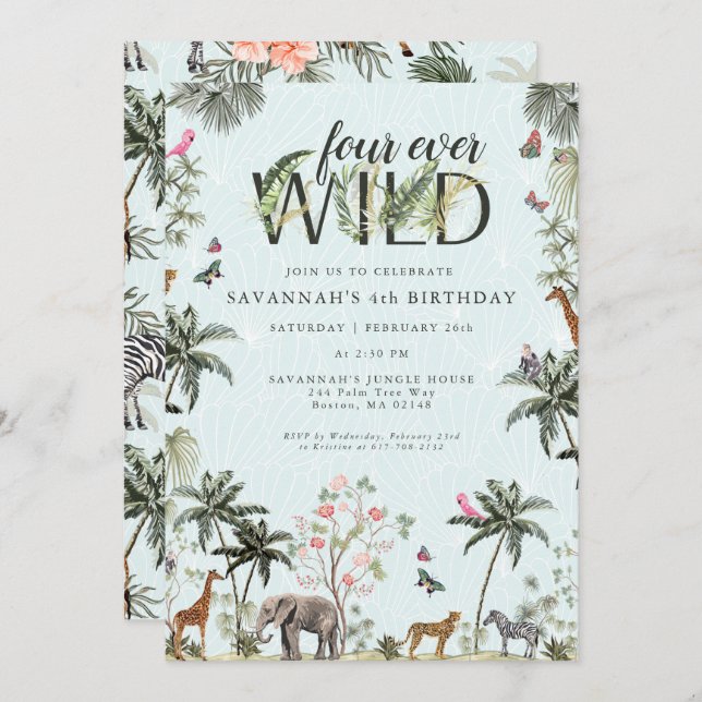 Tropical Jungle Animals | Four Ever Wild Invitation (Front/Back)