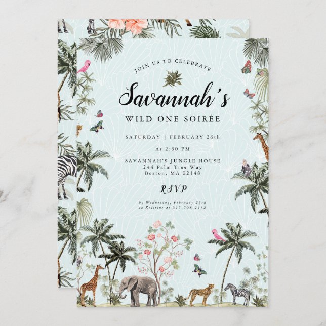 Tropical Jungle Animals | Girl Wild One Birthday Invitation (Front/Back)