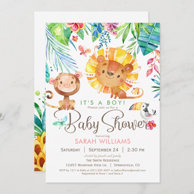 Tropical Jungle Baby Shower, Boy or Girl Invitation (Front/Back)