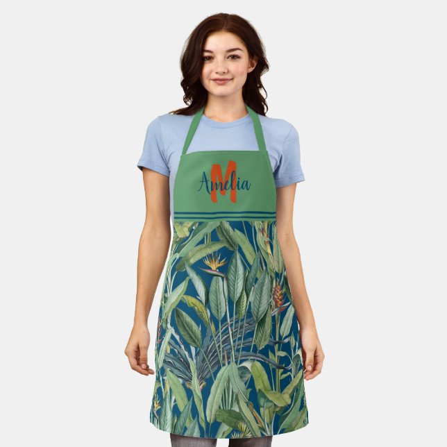 Tropical Jungle Banana Tree Strelitzia Monogram Apron (Worn)