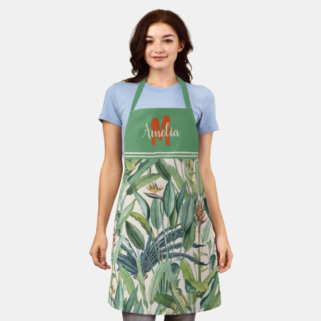Tropical Jungle Banana Tree Strelitzia Monogram Apron (Worn)