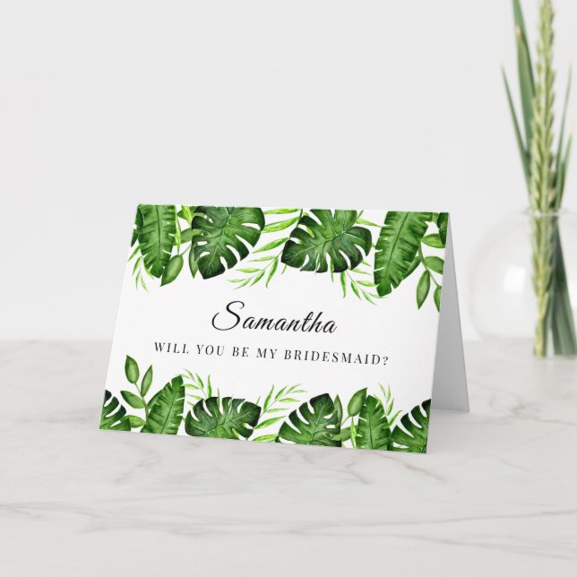 Tropical Jungle Bridesmaid Proposal Watercolor  Card (Front)