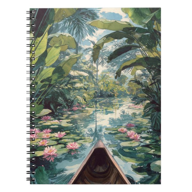 Tropical Jungle Canoe Lily Pond Illustration Notebook (Front)