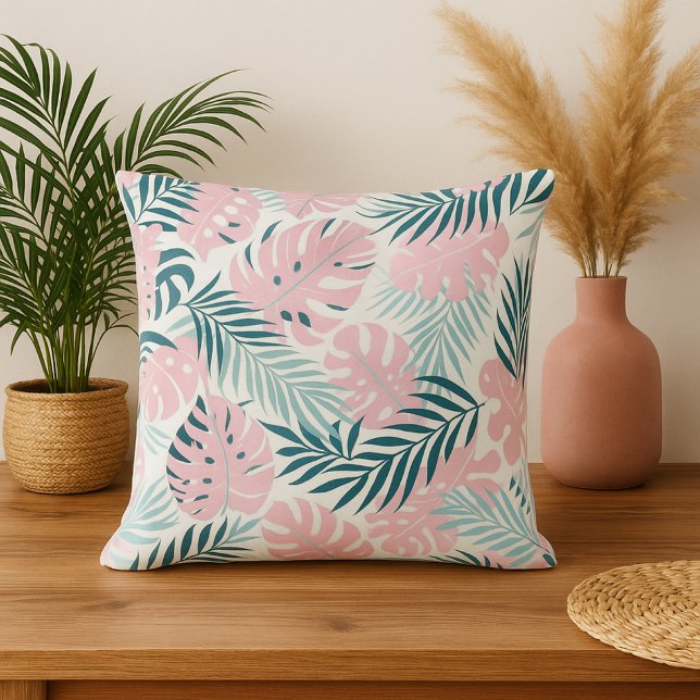Tropical jungle exotic pink leaves summer nature  cushion (Creator Uploaded)