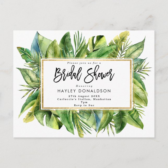 tropical jungle faux gold bridal shower invitation postcard (Front)