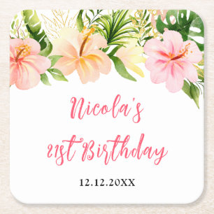 Tropical Jungle Floral Birthday Square Paper Coaster