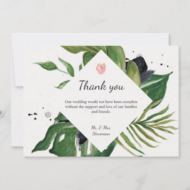 Tropical jungle floral exotic chic wedding  thank you card (Front)
