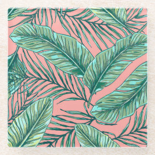 Tropical Jungle Floral: Palm Leaves Pattern Glass Coaster