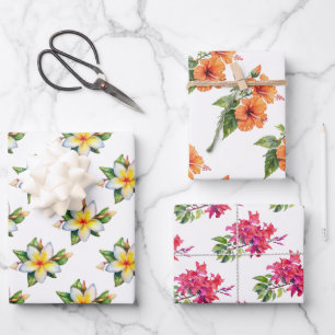 Tropical jungle flowers hibiscus frangipani wrapping paper sheet
